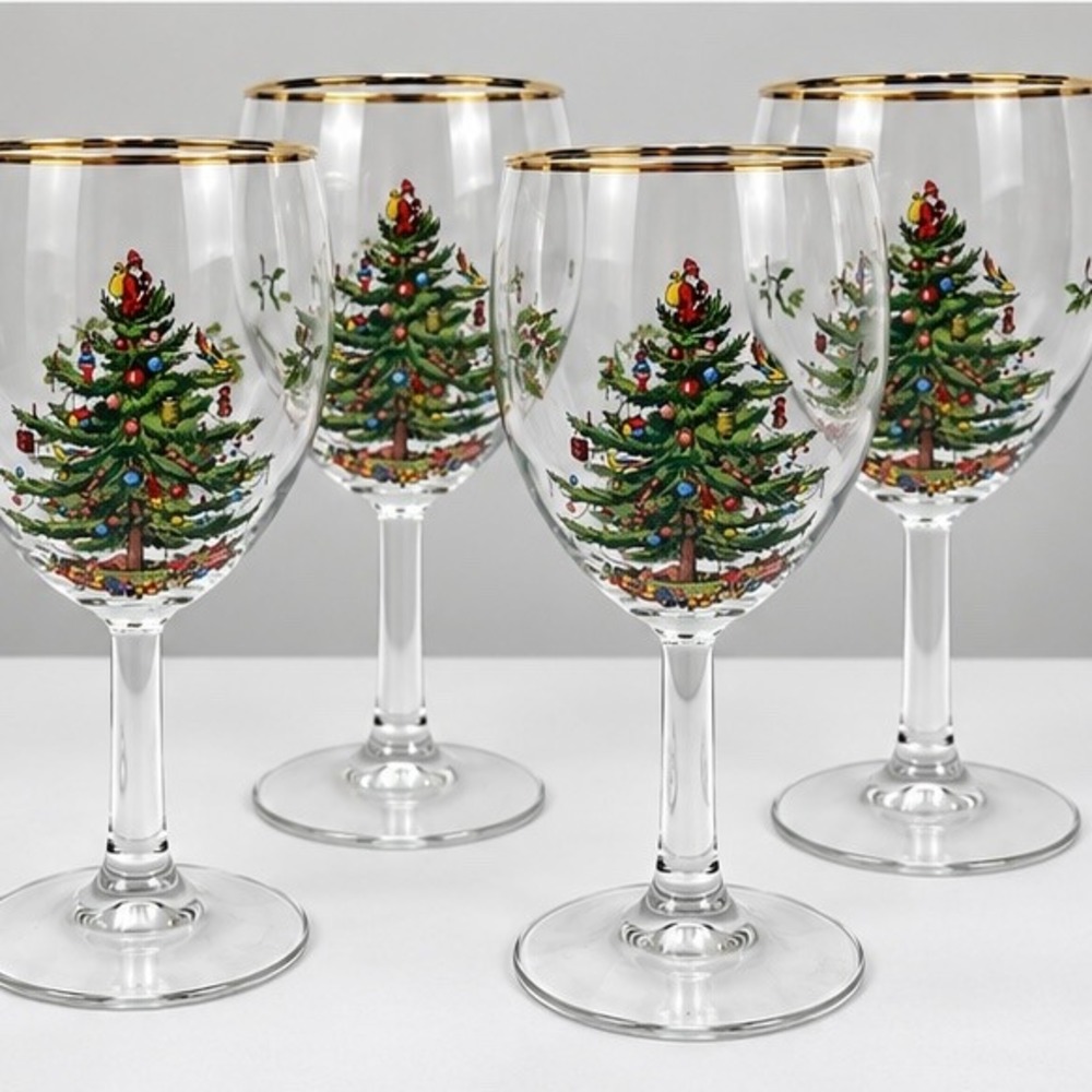 Vintage Spode Christmas Tree Gold Rim Wine Glasses Set 4 8.75in Original Box